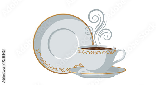A white porcelain cup with gold patterns on a matching saucer emits delicate steam, positioned in front of a larger standing saucer.