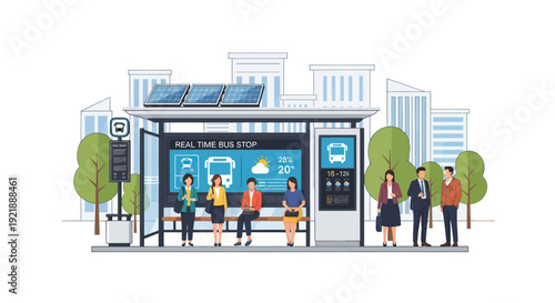 Smart Bus Stop with Solar Panels and Digital Displays, People Waiting