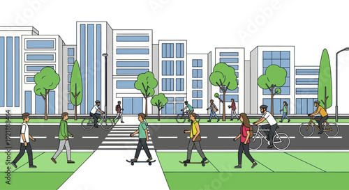 Urban street scene with diverse pedestrians and cyclists, modern cityscape background