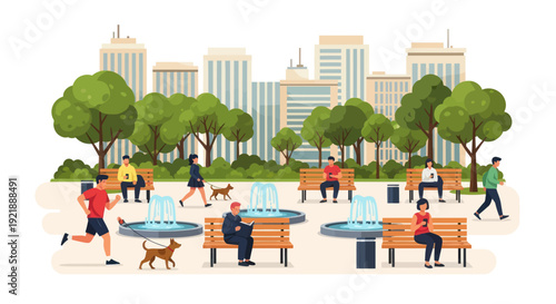 People Relaxing in City Park with Fountains and Green Trees, Urban Lifestyle