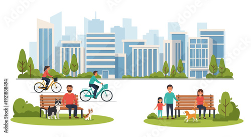 City park life: families and cyclists enjoying nature with cityscape background