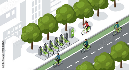 Urban bike sharing station with people cycling on a green lane, isometric view