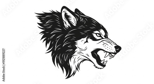 Intense wolf head illustration showcasing sharp teeth and a fierce expression, perfect for design.