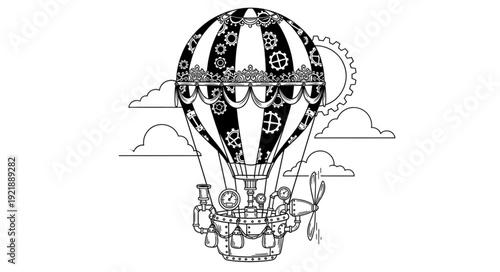 Steampunk hot air balloon soaring through the sky with intricate mechanical details and design.