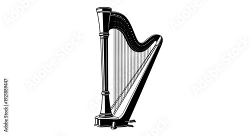 Elegant black and white illustration of a classical harp musical instrument, isolated on white background.