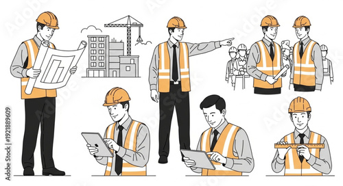 Construction workers in safety gear, focused on their tasks, planning and directing.