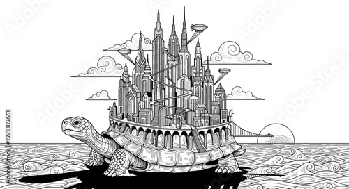 Fantasy illustration of a giant turtle carrying a magnificent city on its back.