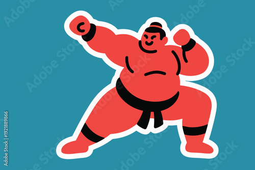 Illustration Of A Sumo Wrestler In A Fighting Stance, Against A Blue Background Vector Design Template