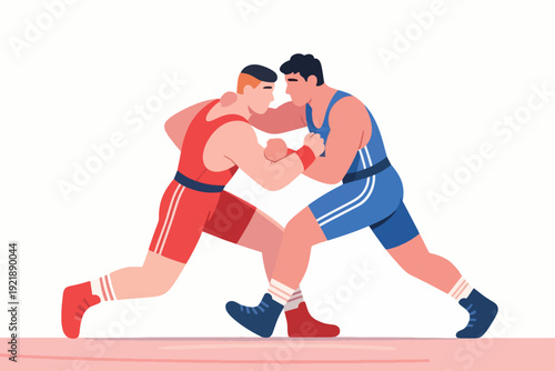 Illustration Of Two Wrestlers In Red And Blue Uniforms Wrestling On A Wrestling Mat, With A White Background Vector Design Template