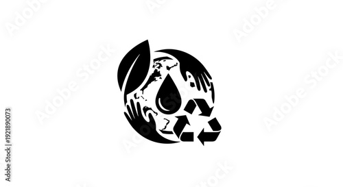 Black and white eco friendly logo with recycling symbols and leaves.