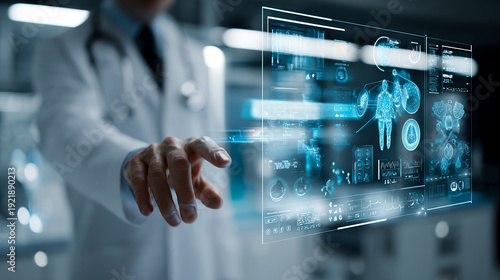 Wallpaper Mural Modern doctor interacting with holographic medical interface in clinical environment. Digital healthcare innovation concept for AI diagnostics, hospital technology marketing and future medicine  Torontodigital.ca