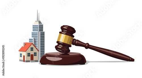 A wooden judge's gavel rests beside a tall modern city skyscraper and a small traditional house on a plain white studio background.