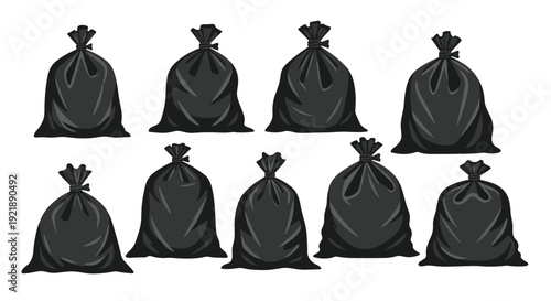 A collection of ten black plastic garbage bags, securely tied at the top, arranged on a pristine white background.