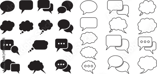 Speech bubble silhouette icons pack in vector format. Black solid chat box symbols collection for messaging and communication design