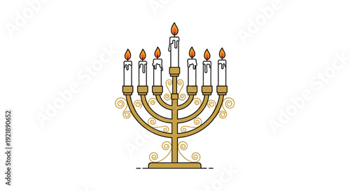 A traditional gold menorah with eight lit white candles and one central shamash candle on a decorative base against a white background.