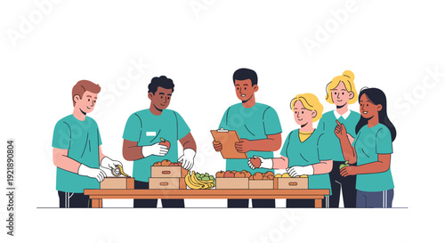 A diverse group of six dedicated volunteers, wearing teal shirts and gloves, meticulously sort fresh fruits and vegetables at a long table in a bright indoor setting.