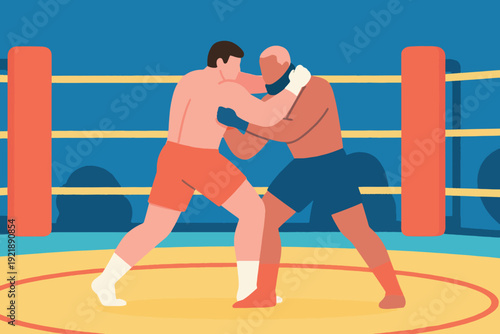Illustration Of Two Fighters In Red And Blue Costumes Fighting In The Ring, Concept Of Sports Competition, Fitness Vector Design Template