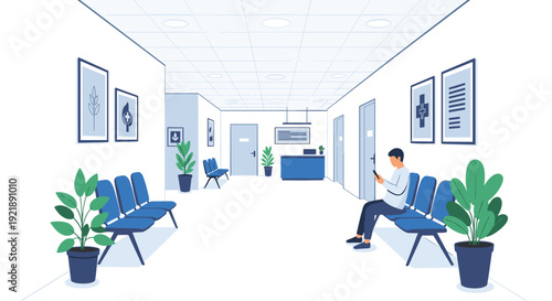 A spacious and modern hospital waiting room features multiple blue benches, lush green potted plants, and a man engrossed in his phone.