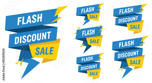 Collection of blue and yellow flash discount sale stickers and banners.