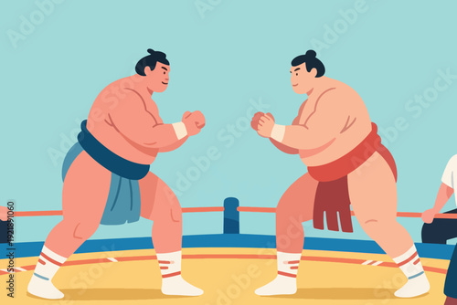 Illustration Of Two Sumo Wrestlers Ready To Compete In The Match Arena Vector Design Template
