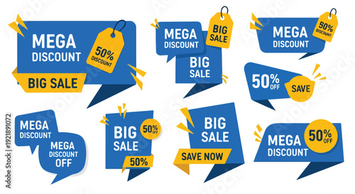 Collection of blue and yellow discount tags with text