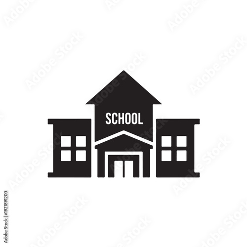An illustration of a school building with the word 'school' written above the entrance, representing education and learning