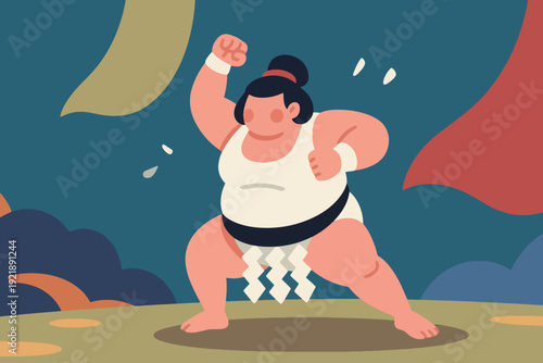 Illustration Of A Sumo Wrestler Posing On The Match Arena Vector Design Template