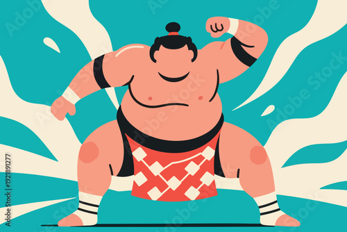 Illustration Of A Sumo Wrestler Posing, Blue Background With Smoke Vector Design Template
