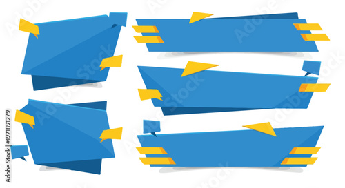 A collection of blue and yellow sticky notes on a white background.