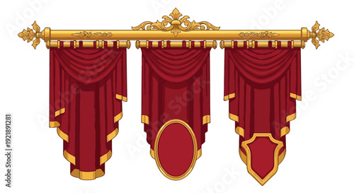 Red velvet curtains with gold trim and ornate rod on white background
