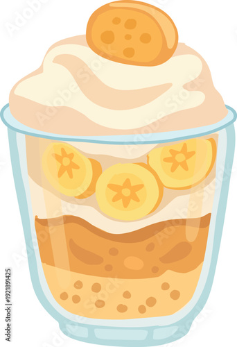 A layered banana dessert in a glass cup topped with whipped cream and a banana slice in a flat vector illustration style.