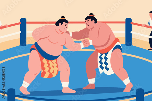 Illustration Of Two Sumo Wrestlers Competing In The Ring Vector Design Template
