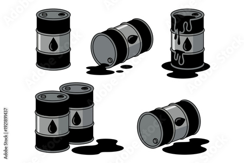 Oil barrels with oil spills in different positions and arrangements