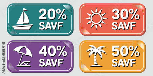Colorful summer sale discount labels with icons and percentages