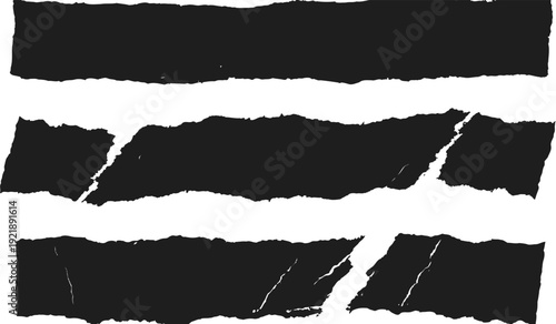 three black torn paper strips with rough uneven edges isolated on white background