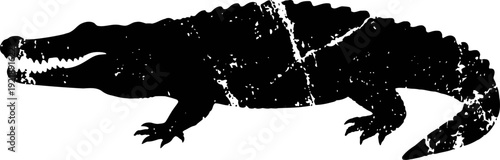 alligator silhouette in black with tail curled and details of body texture