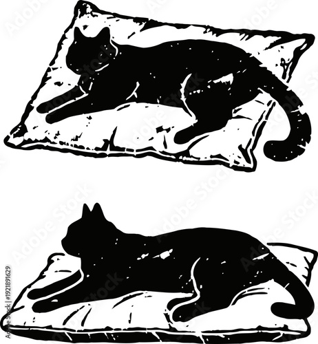 Sleeping black cats resting on soft cushions in relaxed poses, cozy pet comfort illustration