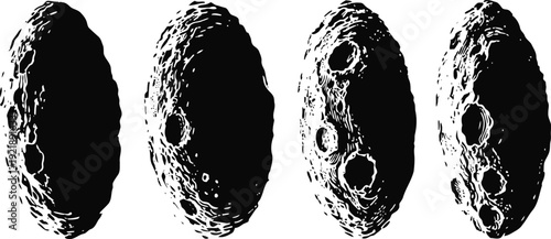 side view of crescent phases of the moon with detailed craters and shadows on dark background