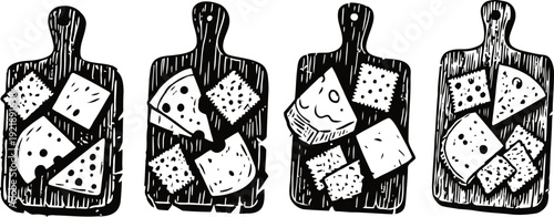 cheese variety on wooden cutting boards rustic assortment of sliced dairy cheese pieces for snack or appetizer
