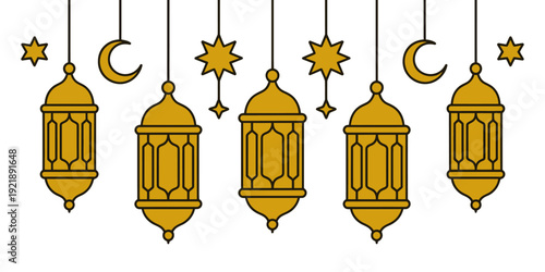 Islamic lanterns and stars hanging on strings for Ramadan celebration decorations