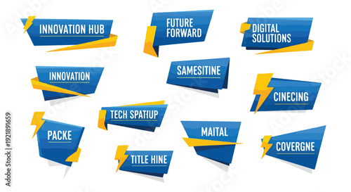 Collection of blue and yellow banners with business and technology terms.