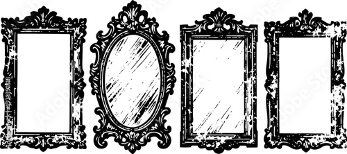 Vintage ornate mirrors and frames set with decorative baroque borders and intricate carved details