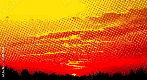 Vibrant colorful sunset with clouds and trees in silhouette at dusk outside nature scene