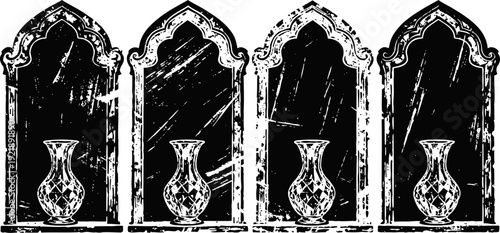 Set of four vintage ornate mirrors with decorative vases, antique distressed design