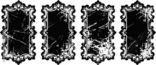 Set of four vintage ornate grunge frames with floral decorative elements in black and white
