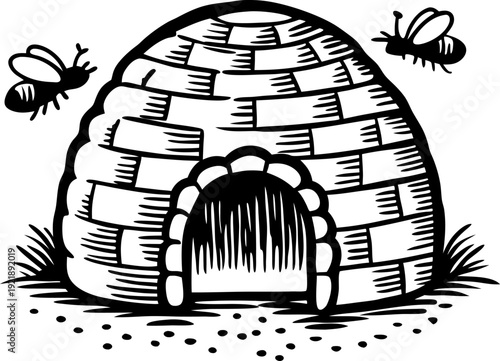 Illustration of a beehive with bees flying around on grass background