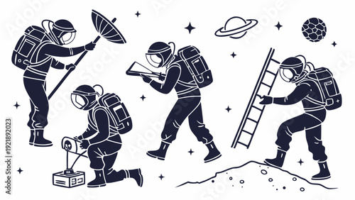 Astronaut Spacewalk Exploration Icons Set Exploring Planets Surface Setting Up Equipment For Science Projects