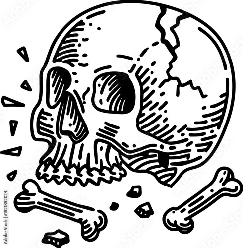 hand drawn cracked human skull with scattered bones illustration vintage skull art with shading and detail