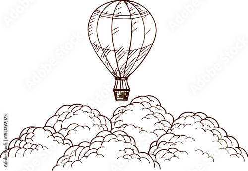 Hot air balloon floating above fluffy clouds in the sky, vintage line art drawing