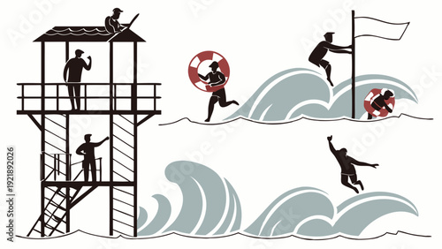 Lifeguard Tower and Rescue Scene Dynamic Illustration for Water Safety Campaigns Summer Beach Tourism and Emergency Service Web Design